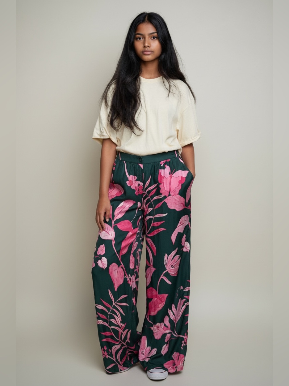 Anthropologie Green Wide-Leg Pants With Pink Floral Print